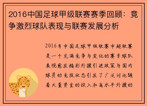 2016中国足球甲级联赛赛季回顾：竞争激烈球队表现与联赛发展分析
